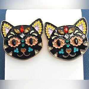 EARRINGS! Betsey Johnson Kitty Kat Rhinestone and Steel Stud Earrings BNWT